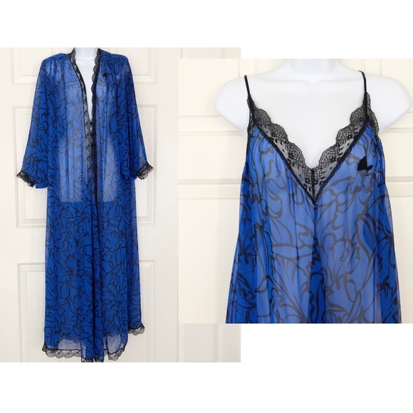 Lucie Ann VTG 2pc Robe Nightgown Set Sheer Blue Black PEIGNOIR Abstract Floral S